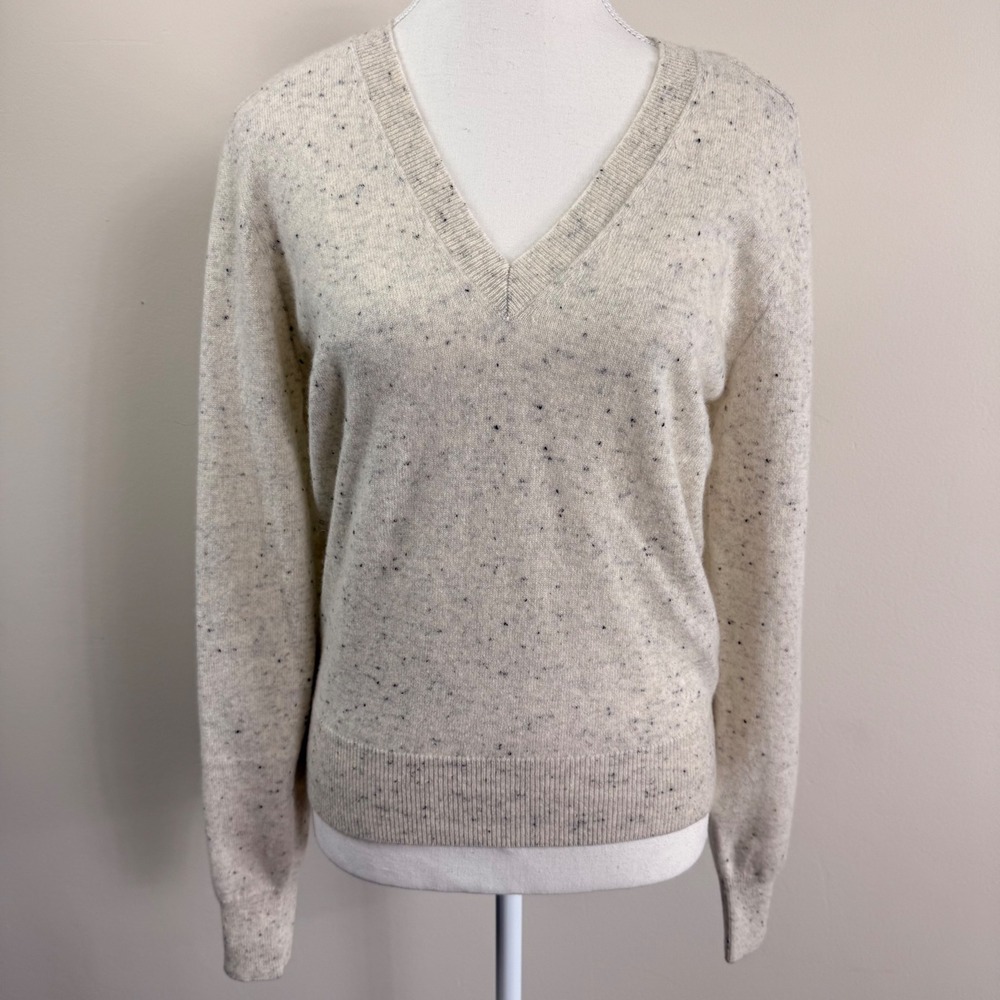 Ann Taylor Womens 100% Cashmere V-Neck Sweater Cream Speckled Donegal Medium